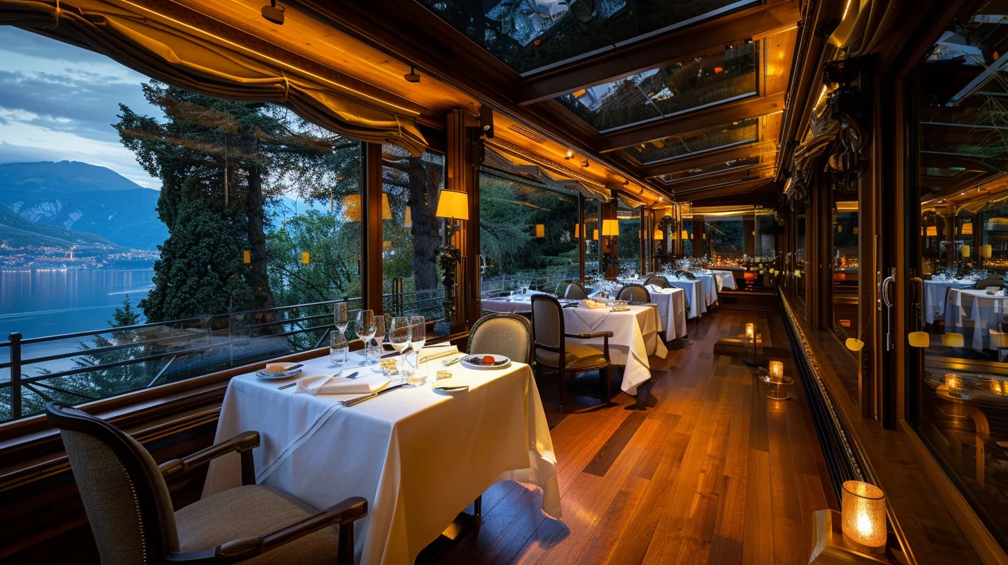 An upscale restaurant within the hotel with a fine dining experience amidst warm lighting and modern wooden decor. An upscale restaurant within the hotel with a fine dining experience amidst warm lighting and modern wooden decor.